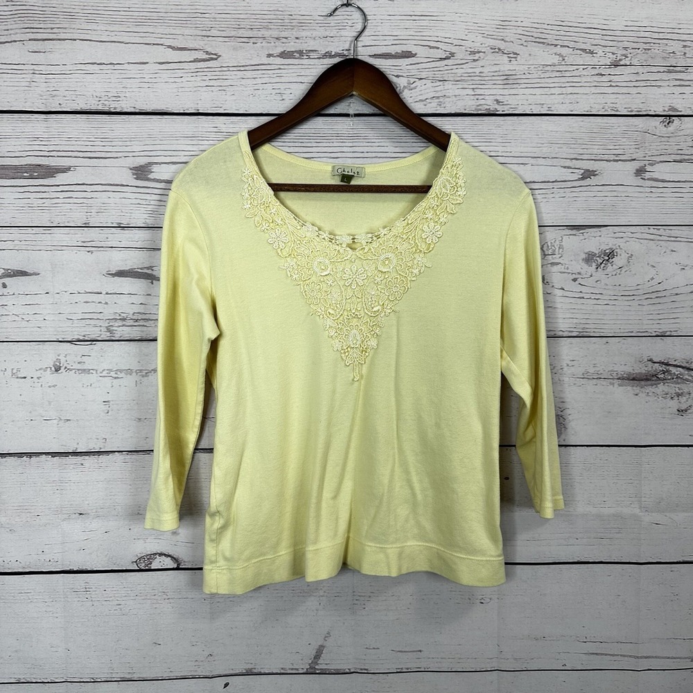 Chalet Shirt Womens Size Large Knit Lace Yellow 3/4 Sleeve Floral